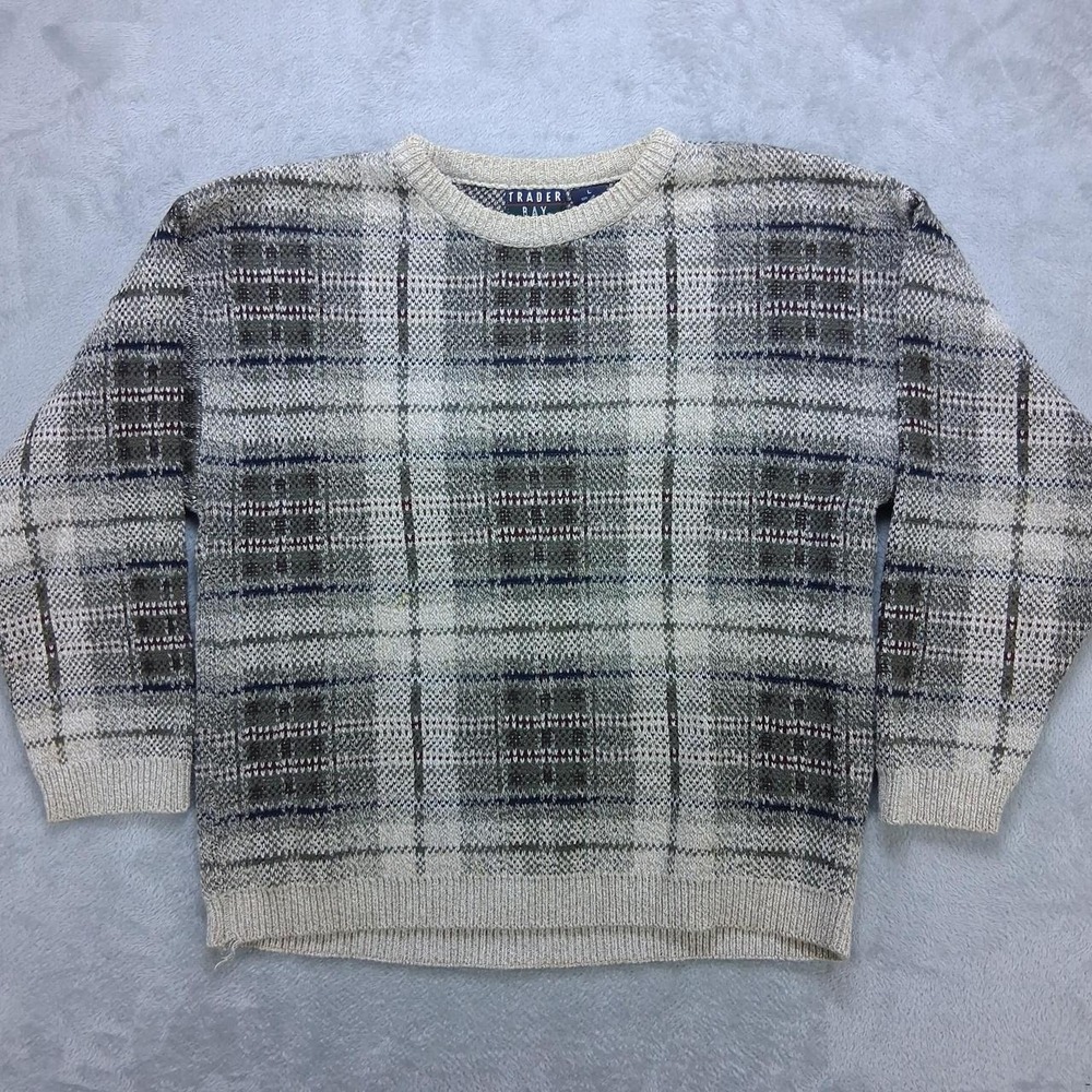 Mens Trader Bay Vintage Knit Sweater Large Beige Geometric Grandpa Crewneck